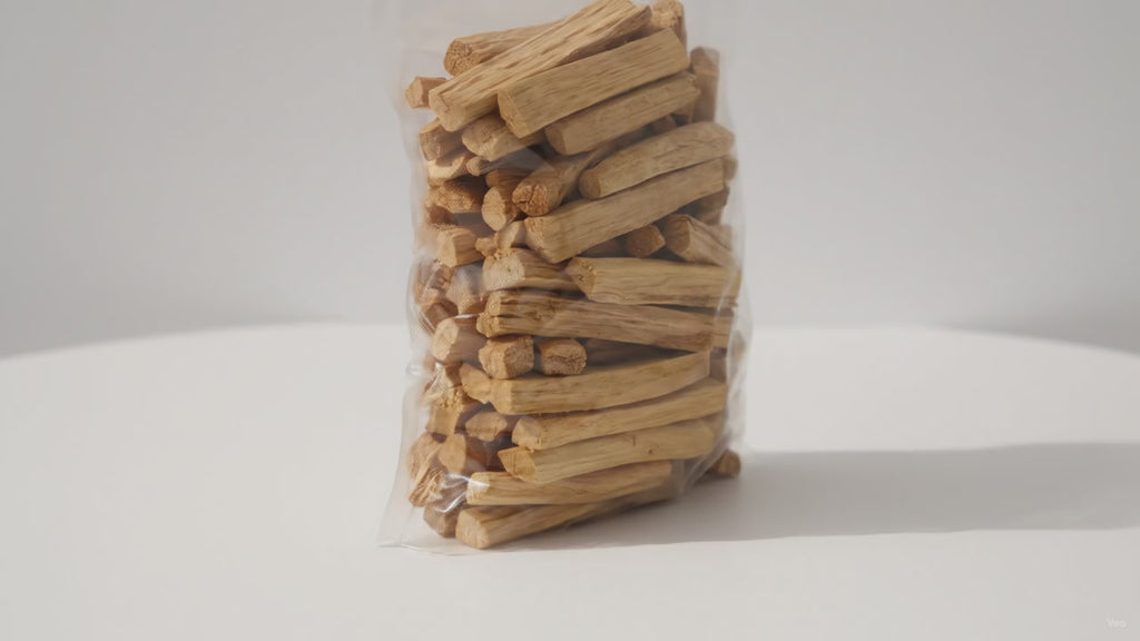 Video of the 1kg bag of first grade palo santo wood sticks, slowly moving in to show the sticks