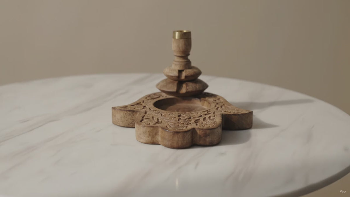 Lrg Mango Wood Backflow Burner - Hamsa, slow close-up