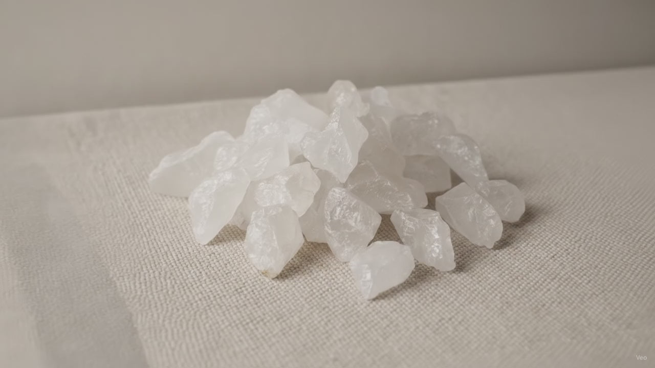 Rough milky quartz chunks piled on cotton canvas video