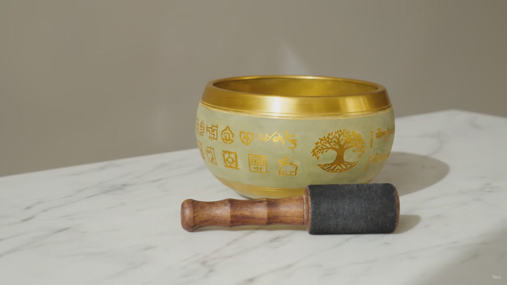 Large aluminium singing bowl with Buddha and Tree of Life engraving and wooden striker on marble, slow push-in
