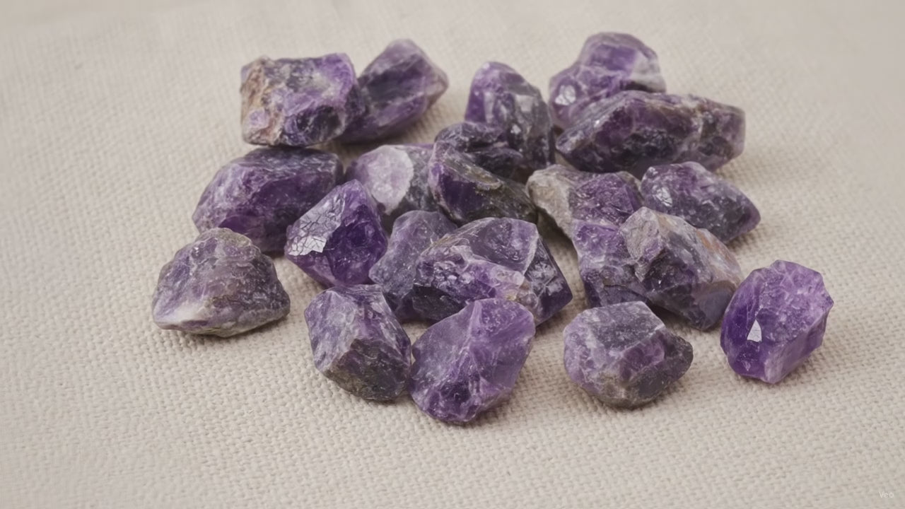 A spread of rough amethyst chunks in deep purple on cotton canvas video