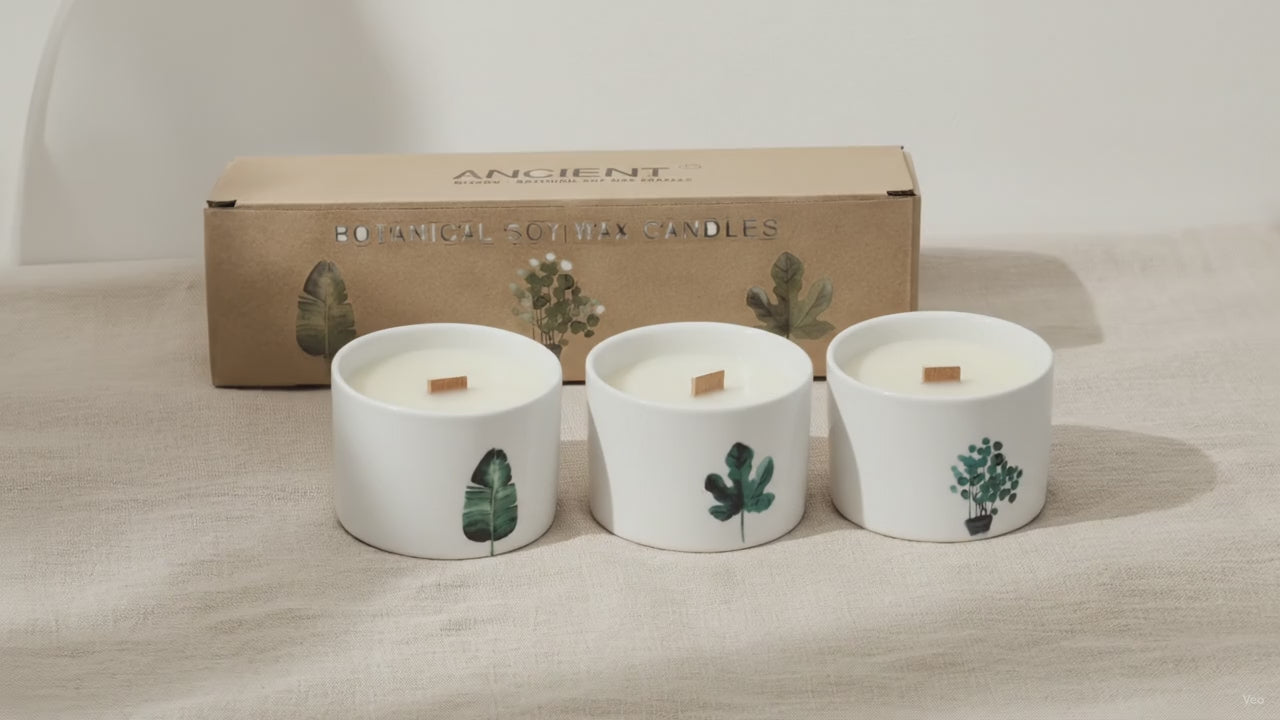 Set of three Mulberry Harvest scented soy candles with gift box on natural linen