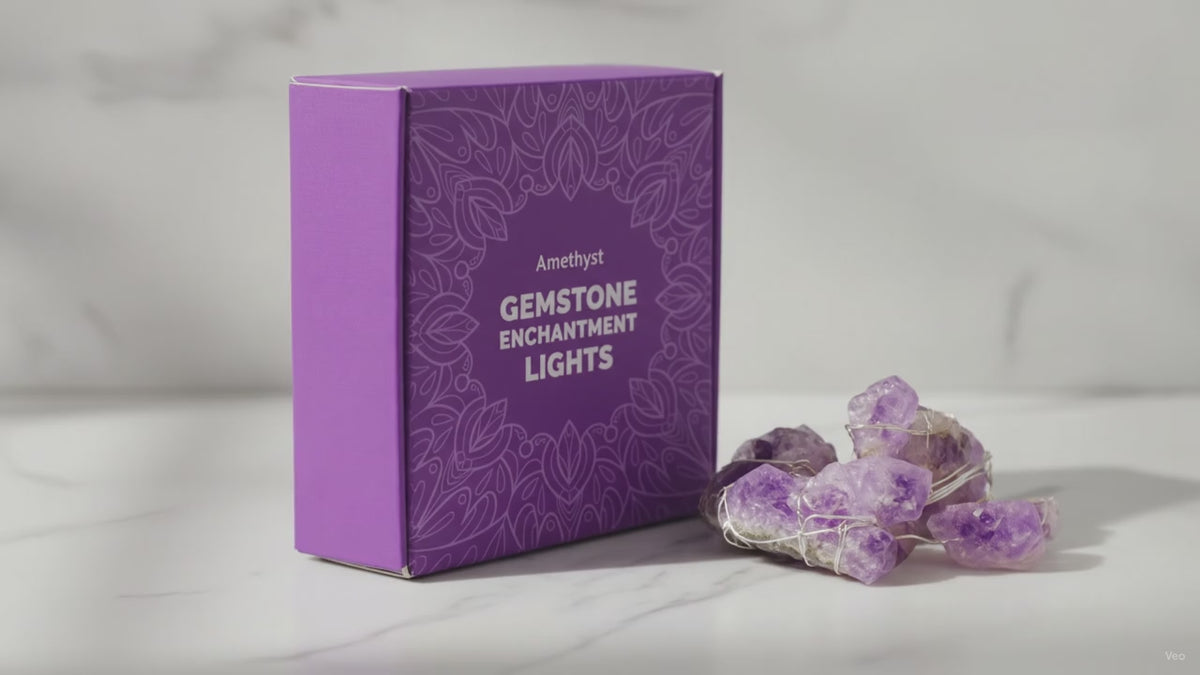 Video of the amethyst crystal fairy lights gift box with amethyst stones, the camera slowly moving in