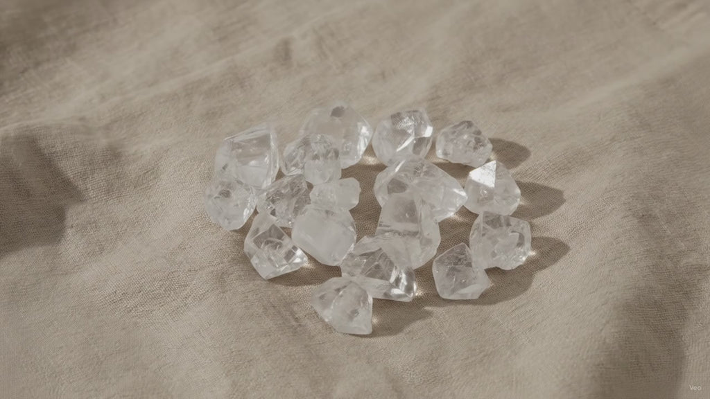 Medium apophyllite raw crystal points on natural linen