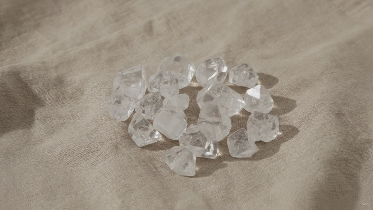Medium apophyllite raw crystal points on natural linen