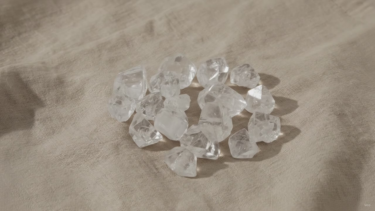 Medium apophyllite raw crystal points on natural linen