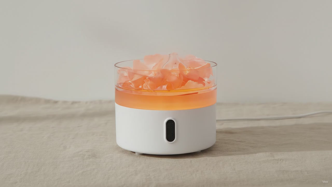 Himalayan salt lamp aroma diffuser with USB-C night light on natural linen