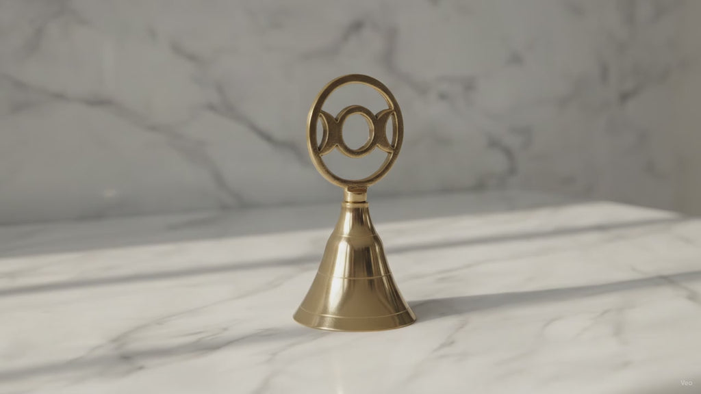 Triple moon brass altar bell on a marble table, slow product video