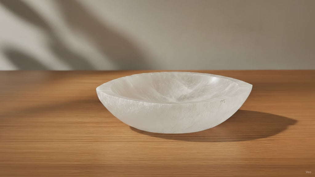 Pointed oval selenite bowl, polished inside with a raw white rim - video