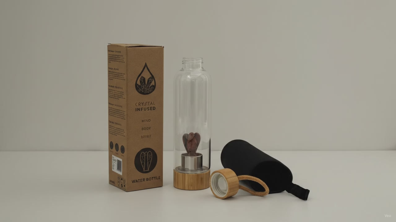 Red jasper angel crystal water bottle with bamboo lid, box and padded sleeve, soft light moving across the wall