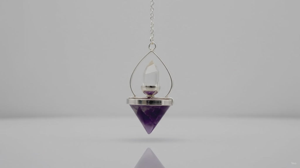 Amethyst and rock quartz Lantern of Life pendulum, slow product video