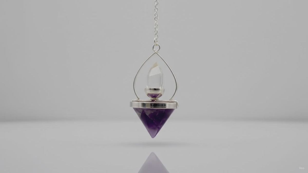 Amethyst and rock quartz Lantern of Life pendulum, slow product video