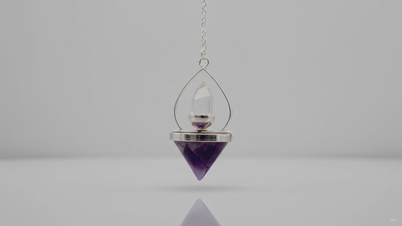 Amethyst and rock quartz Lantern of Life pendulum, slow product video
