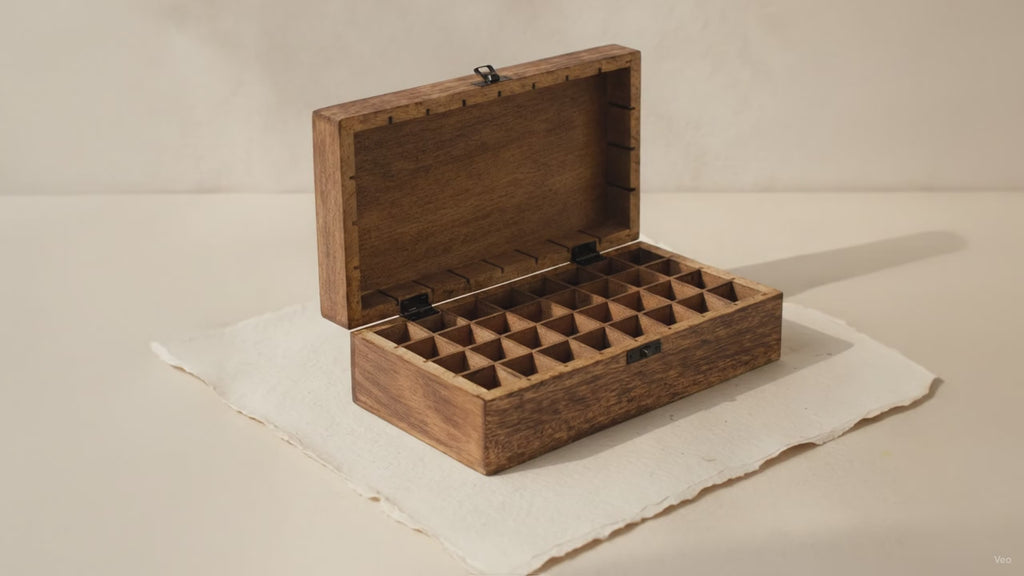 Carved mango wood box open to show the grid of 32 bottle compartments video