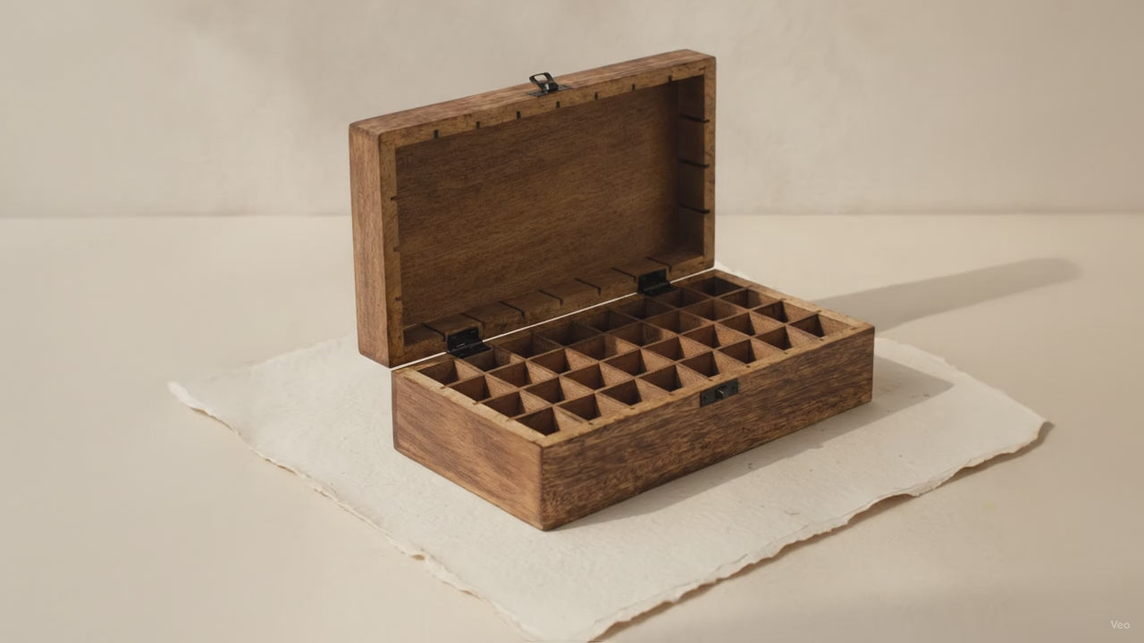 Carved mango wood box open to show the grid of 32 bottle compartments video