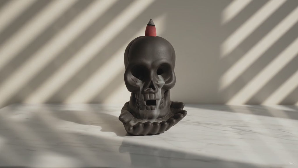 Backflow Incense Burner - Weeping Skull (with light), slow close-up