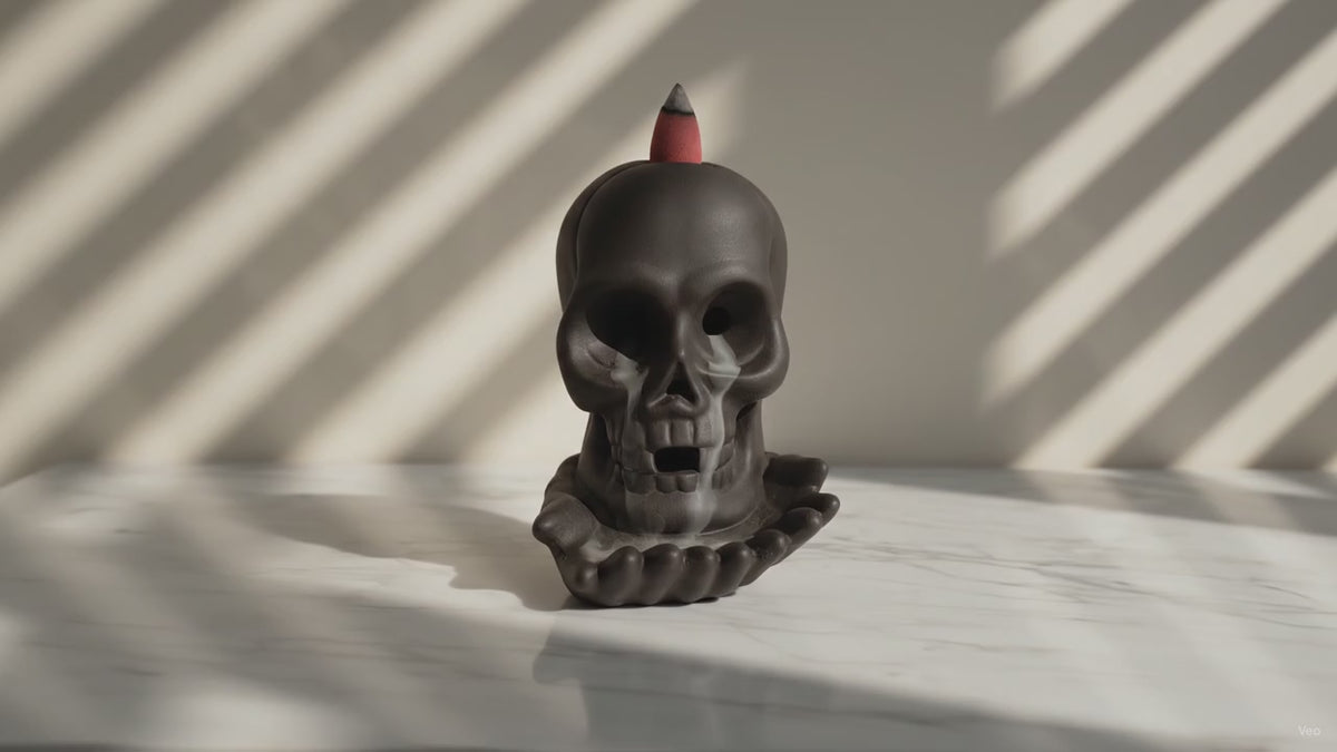Backflow Incense Burner - Weeping Skull (with light), slow close-up