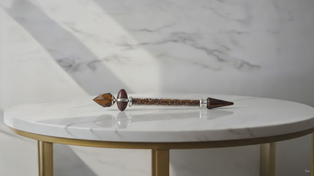 Tiger eye Shiva lingam wand on a marble table, slow product video