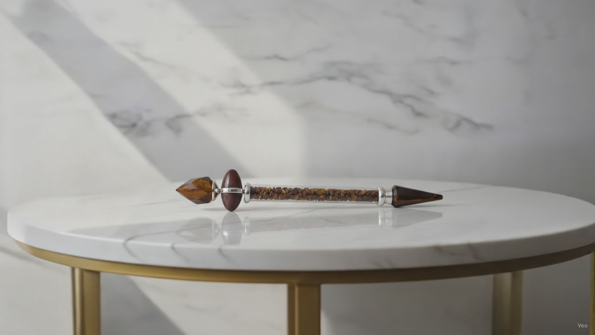 Tiger eye Shiva lingam wand on a marble table, slow product video