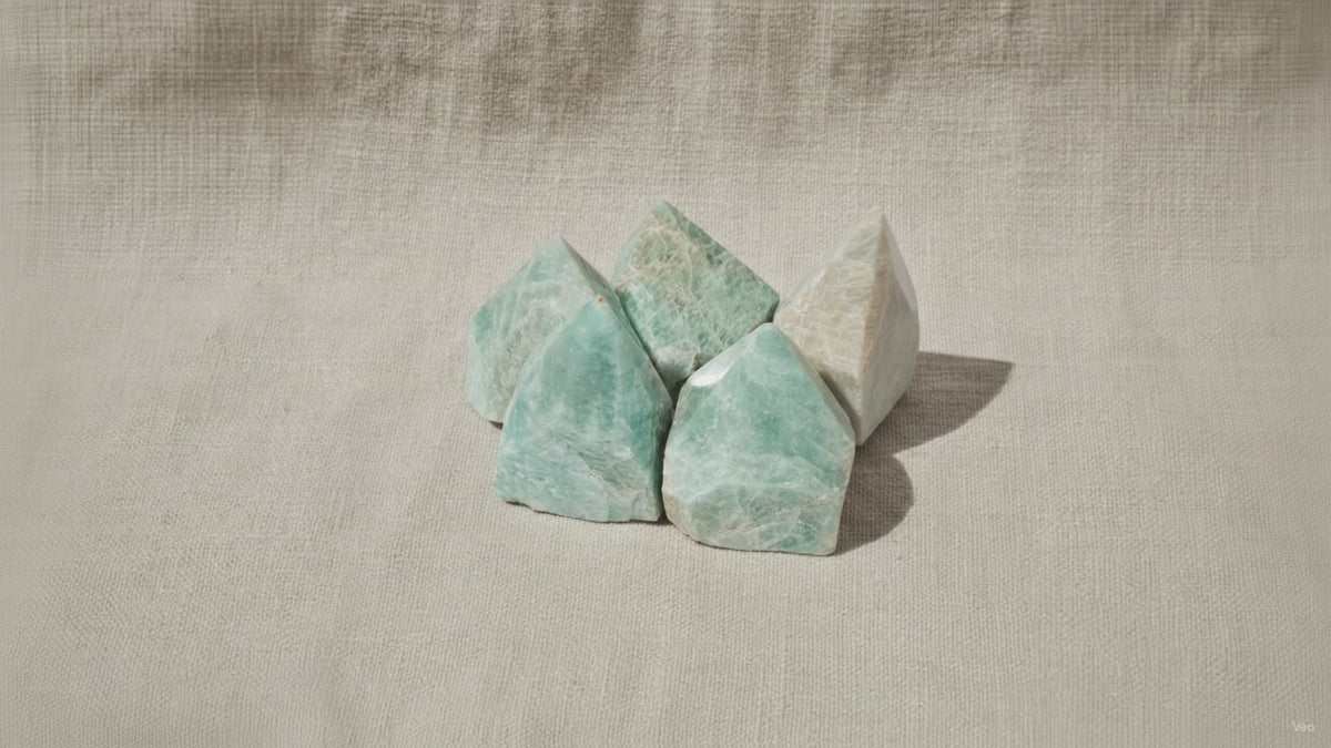 Amazonite polished crystal points, group of five, slow zoom