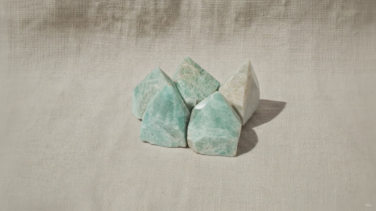 Amazonite polished crystal points, group of five, slow zoom