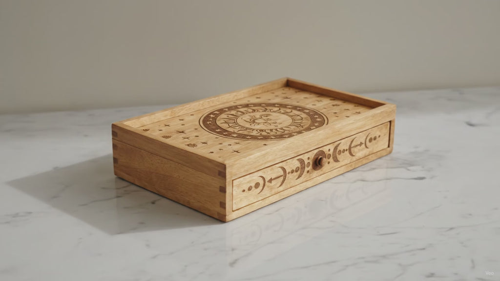 Sun and moon carved wooden tarot box with drawer on marble, slow camera push-in