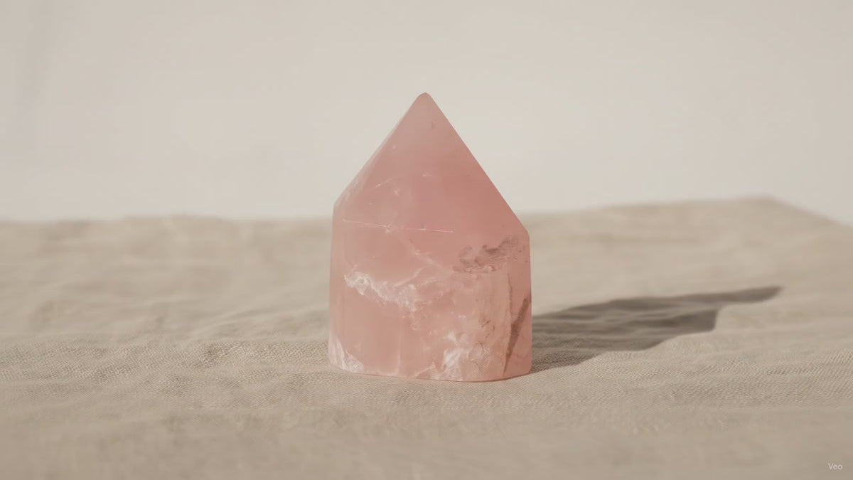 Rose quartz top polished standing crystal point on natural linen