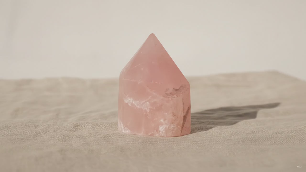 Rose quartz top polished standing crystal point on natural linen