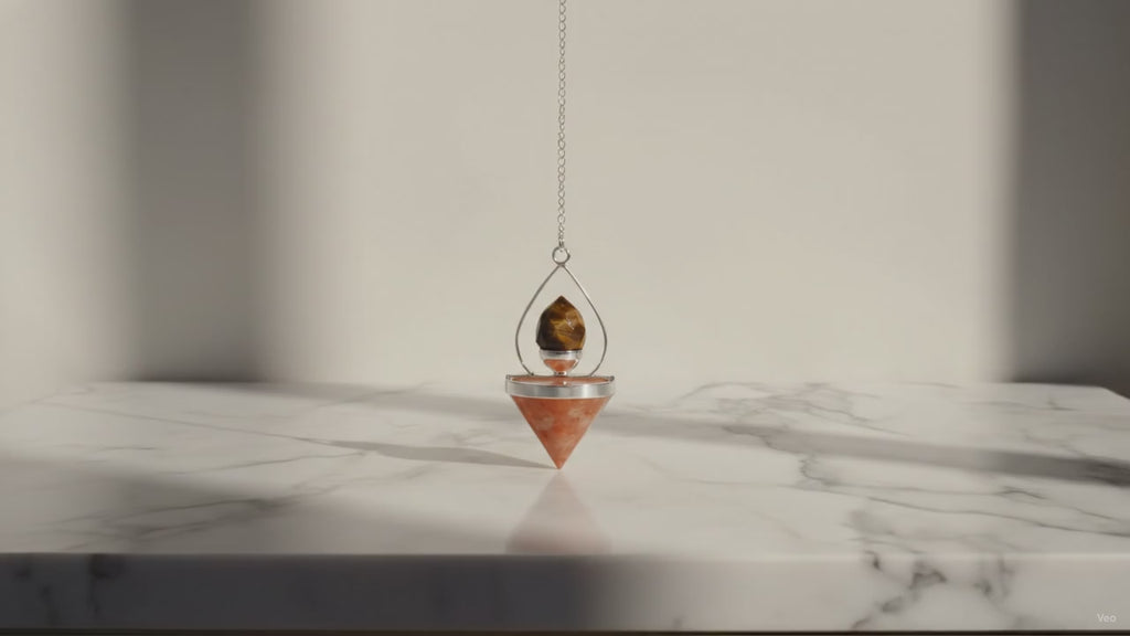 Gemstone Lantern of Life Pendulum - Sunstone & Tigereye, slow close-up