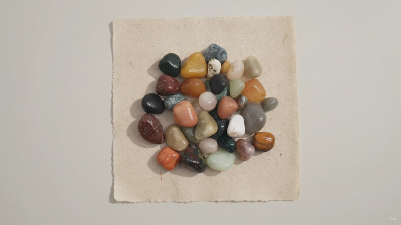 A pile of mixed tumbled gemstones in greens, reds and creams on cotton-rag paper video