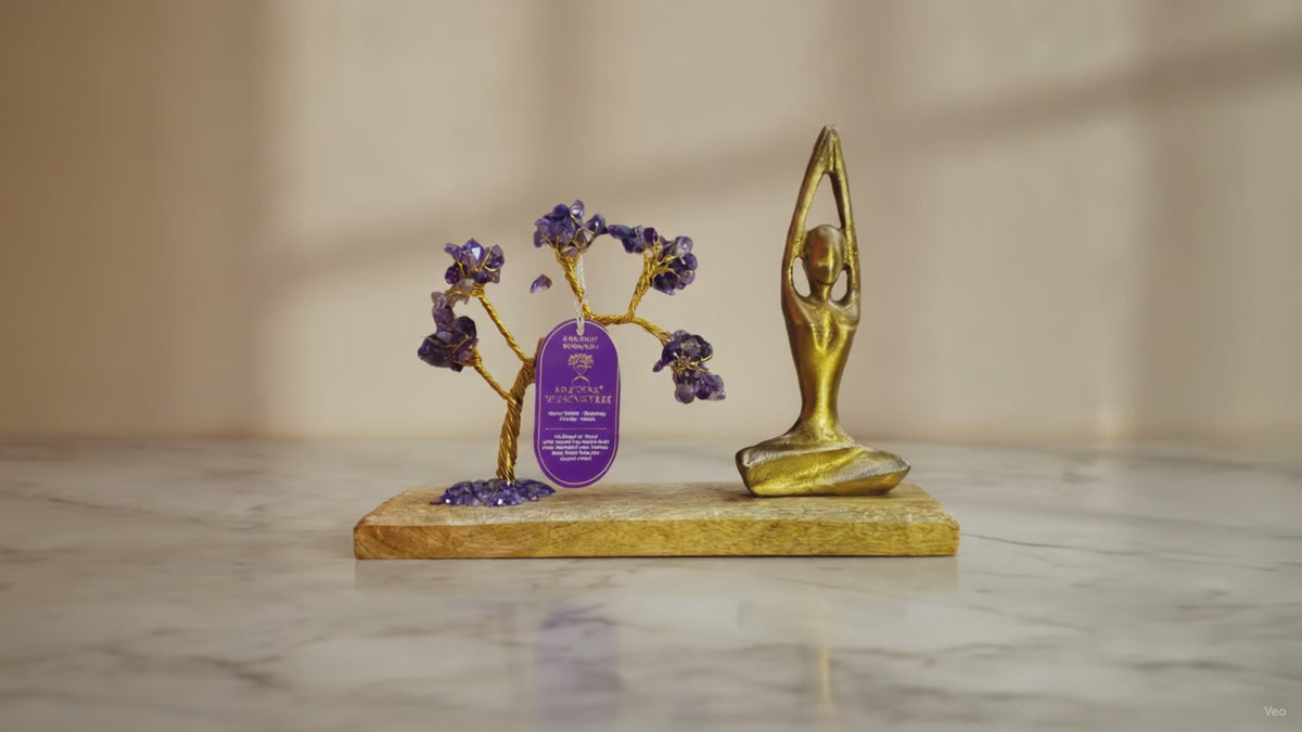 Gemstone Yoga Garden - Sukhasana Pose - Amethyst - Tilted Tree - 100 chipstones, slow close-up