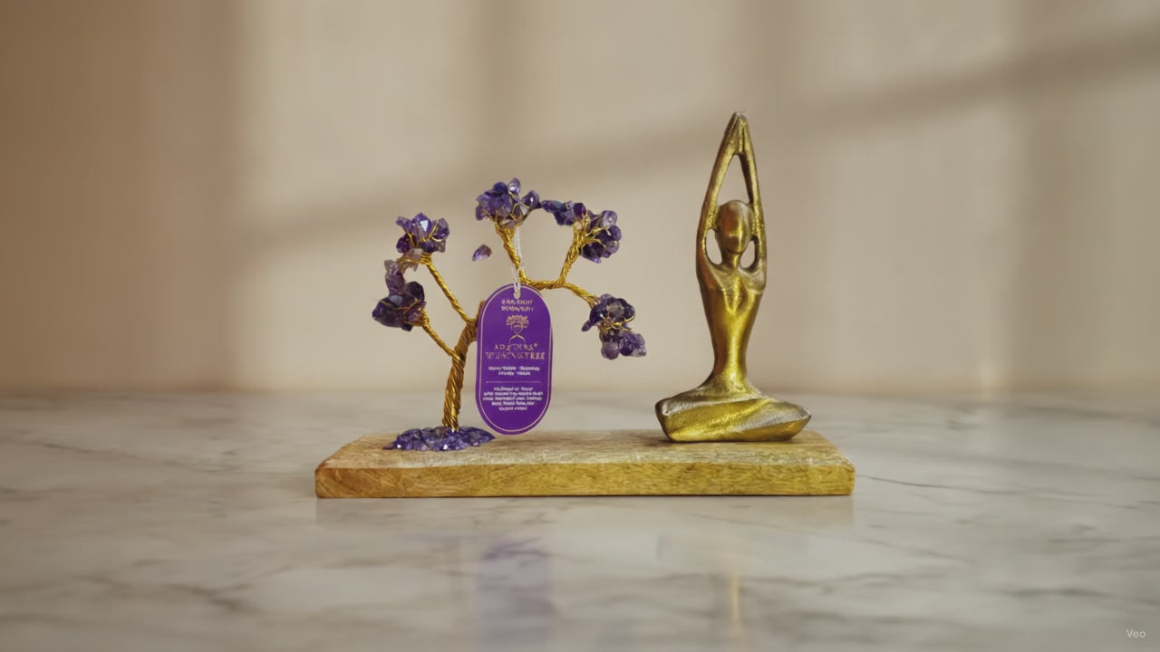 Gemstone Yoga Garden - Sukhasana Pose - Amethyst - Tilted Tree - 100 chipstones, slow close-up