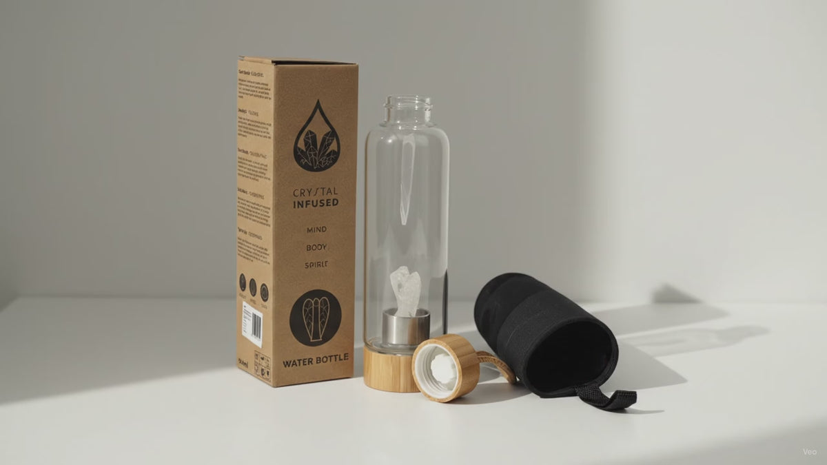 Clear quartz angel crystal water bottle with bamboo lid, box and padded sleeve, soft light moving across the wall