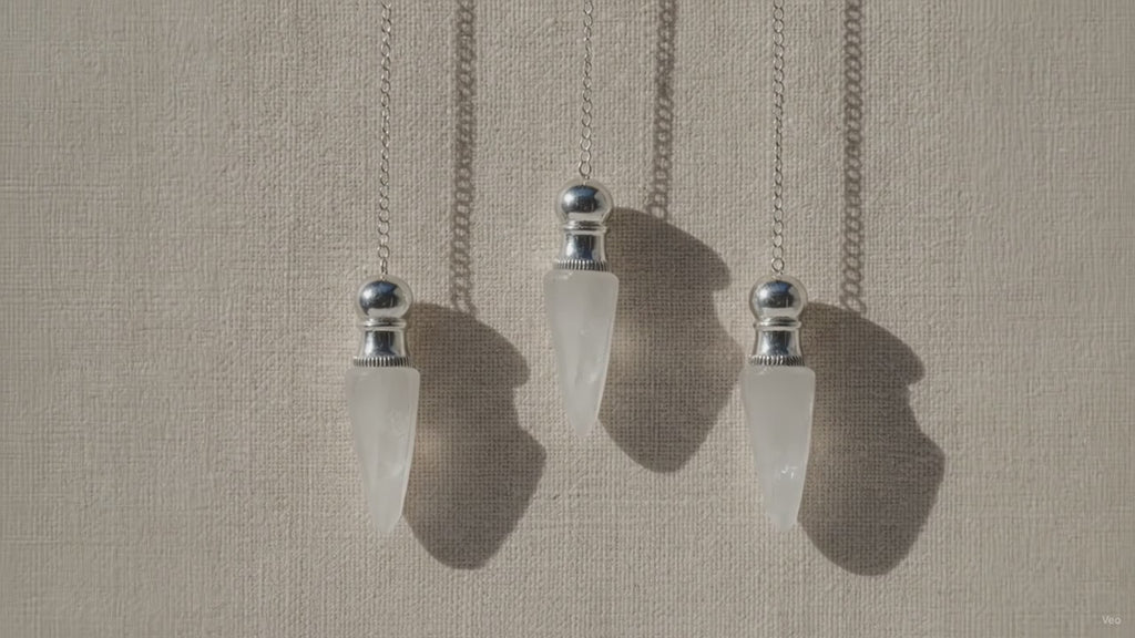 Three clear quartz pendulums with silver caps hanging from fine chains video