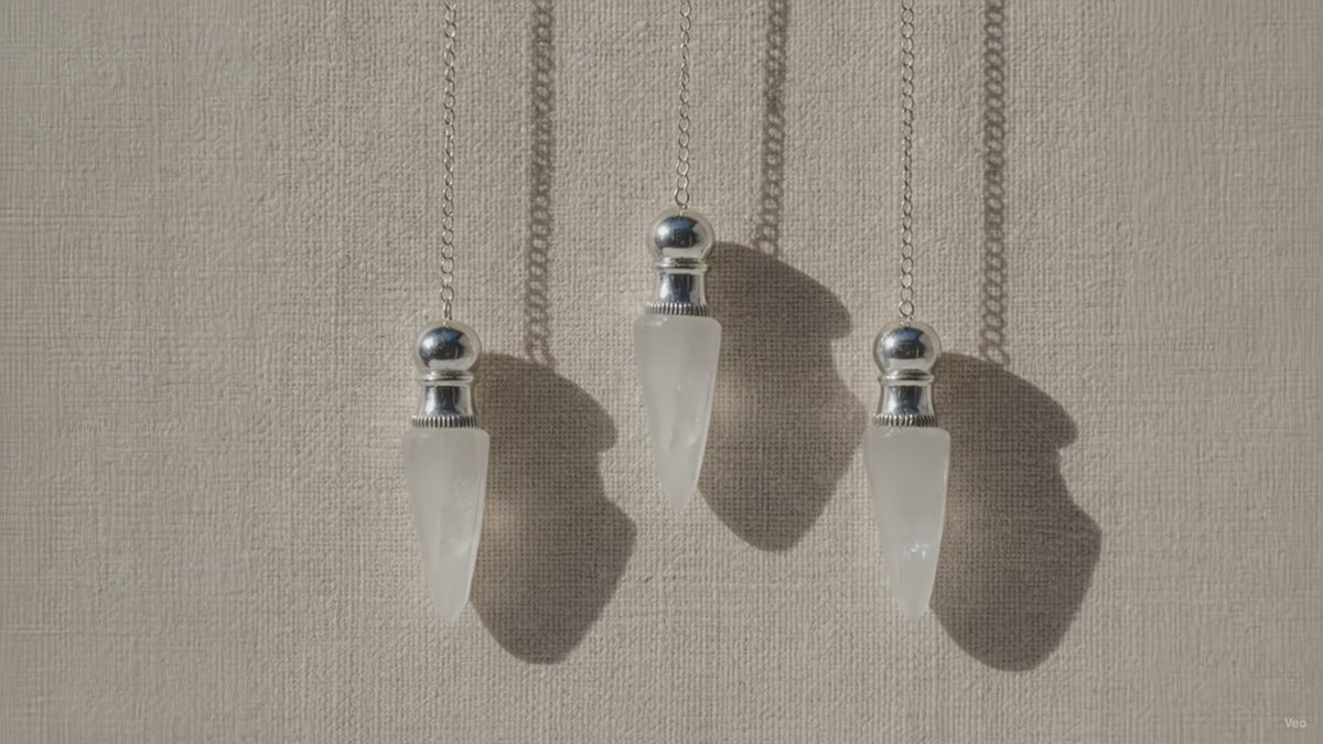 Three clear quartz pendulums with silver caps hanging from fine chains video
