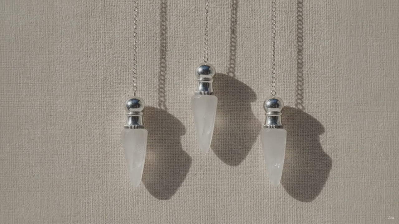 Three clear quartz pendulums with silver caps hanging from fine chains video