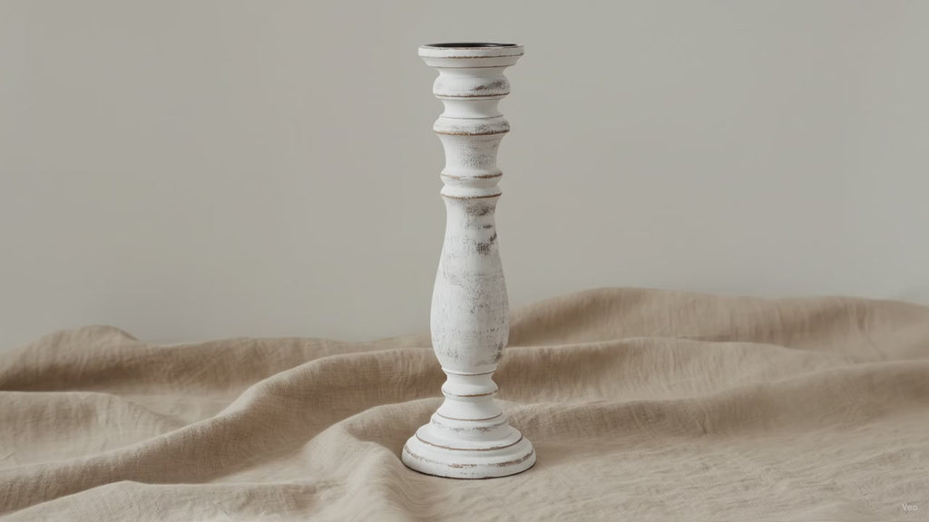 Whitewash mango wood pillar candle holder on natural linen