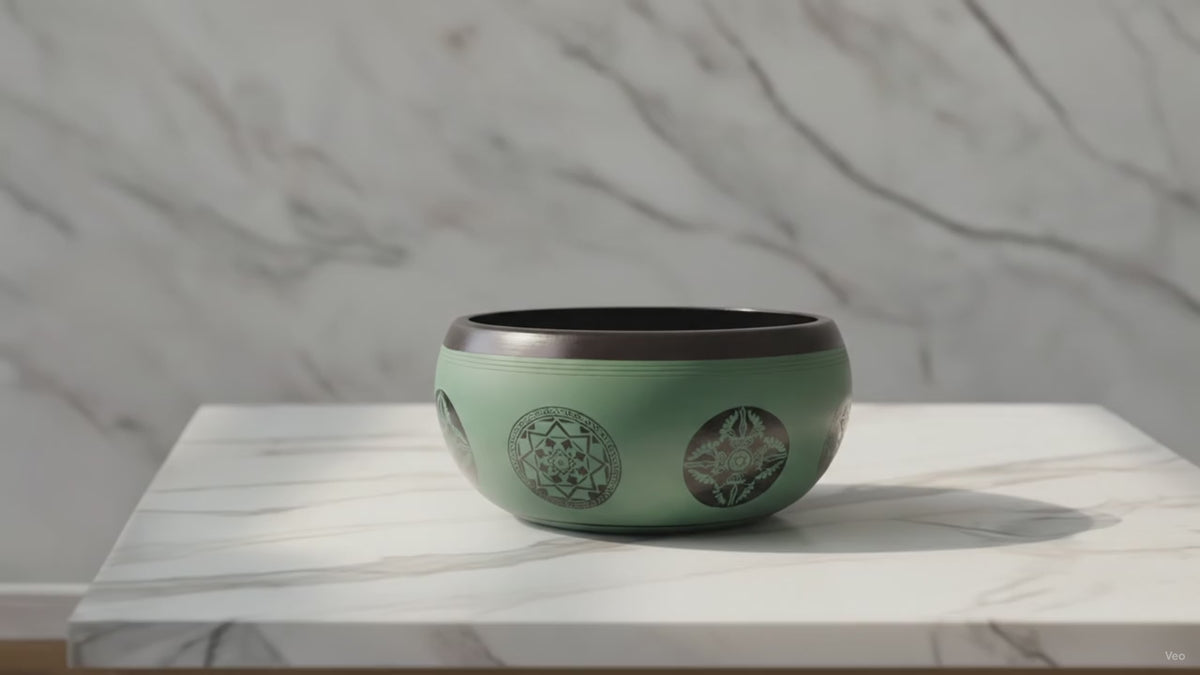 Tibetan singing bowl with Mandala Buddha design resting on a marble surface as sunlight drifts across the wall