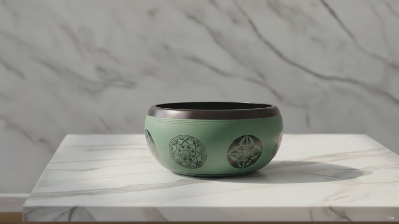 Tibetan singing bowl with Mandala Buddha design resting on a marble surface as sunlight drifts across the wall