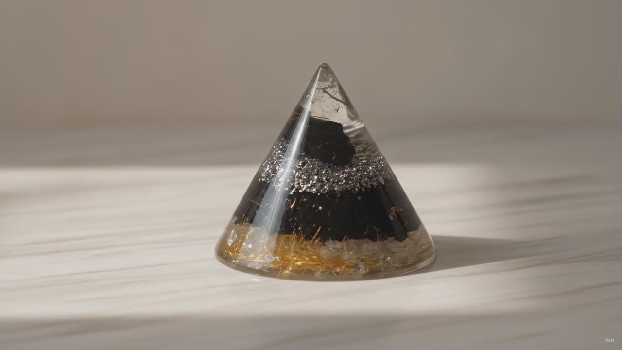 Orgonite Cone - Selenite and Black Tourmaline Copper - 90 mm, slow close-up