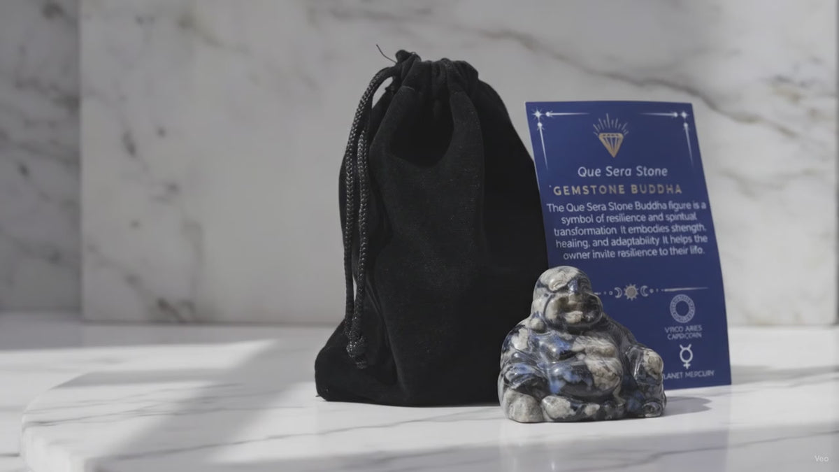 Que Sera stone Buddha with velvet pouch and card, slow product video