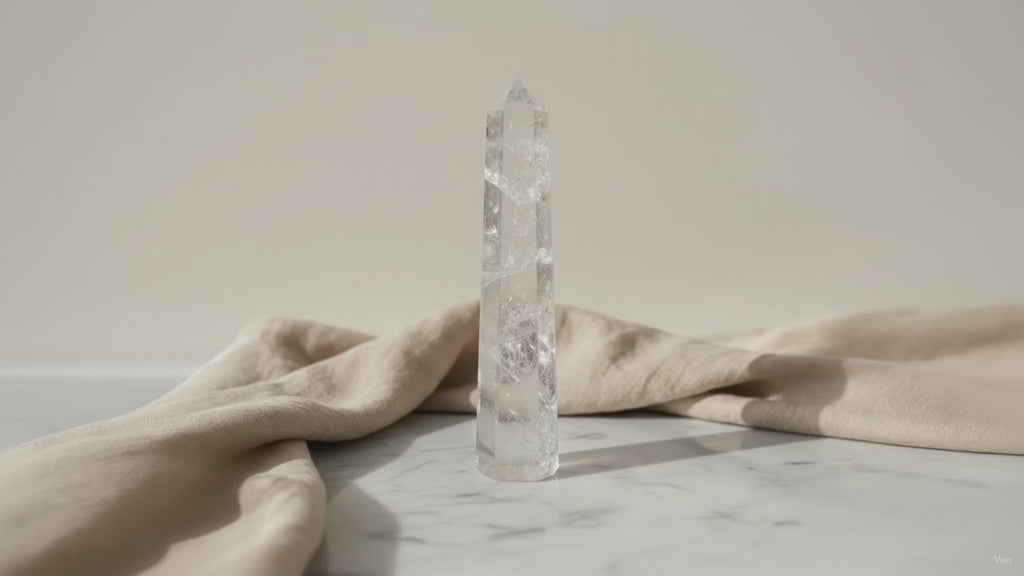 Tall six-sided clear quartz obelisk point - video