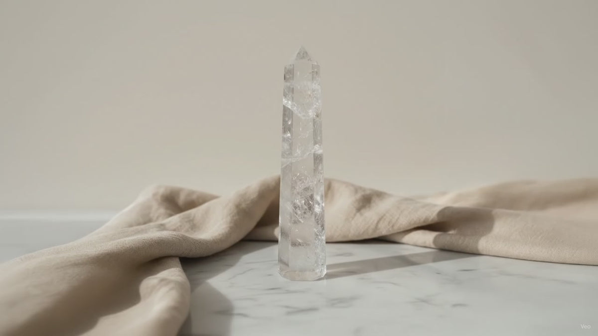 Tall six-sided clear quartz obelisk point - video
