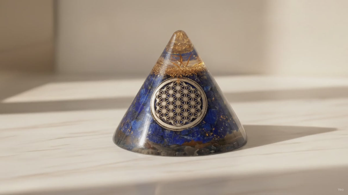 Orgonite Cone - Lapis Flower of Life - Suspended Quartz - 90 mm, slow close-up