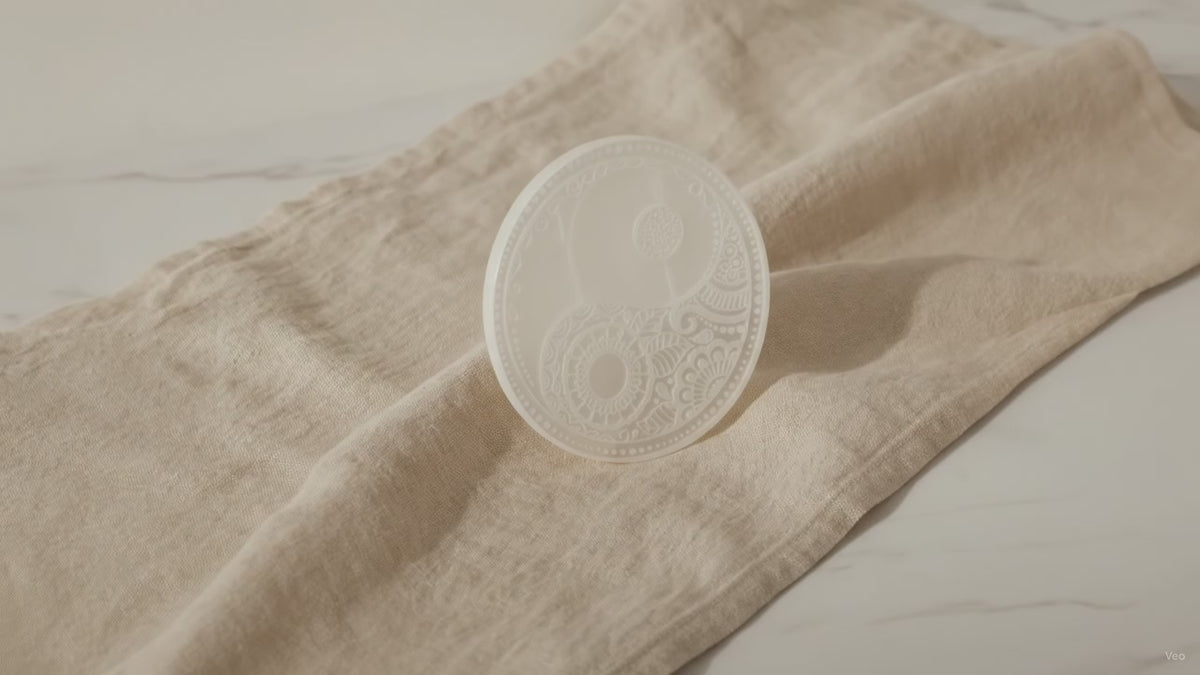 Large selenite charging plate with engraved feng shui design on natural linen