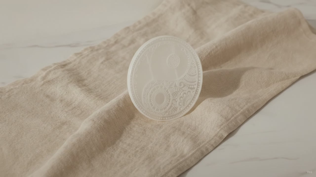 Large selenite charging plate with engraved feng shui design on natural linen