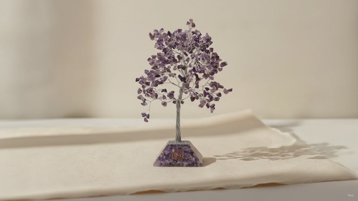 Amethyst chipstone tree on a purple orgonite base, on cotton-rag paper video