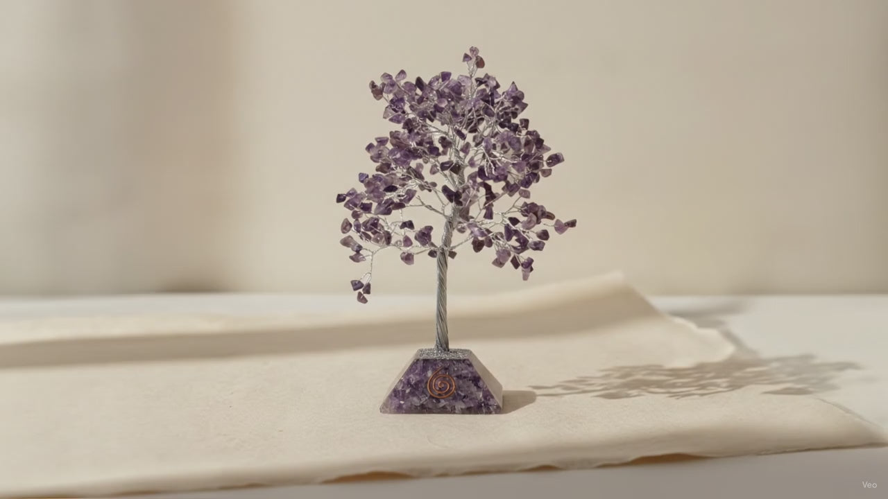 Amethyst chipstone tree on a purple orgonite base, on cotton-rag paper video