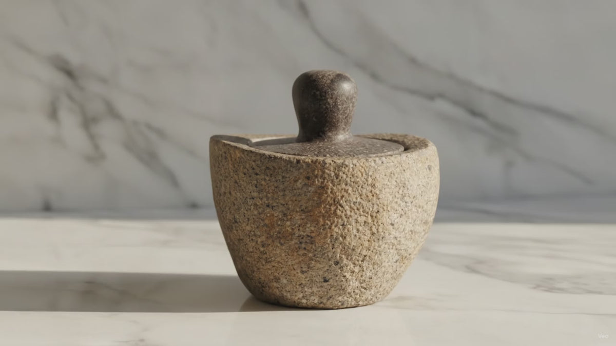 Medium river stone pot with stone lid on a marble table, sunlight moving across the wall
