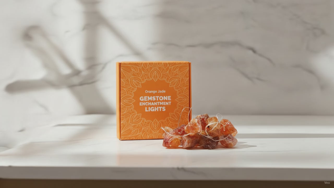 Orange jade crystal fairy lights in their orange gift box on a marble table, sunlight moving across the wall
